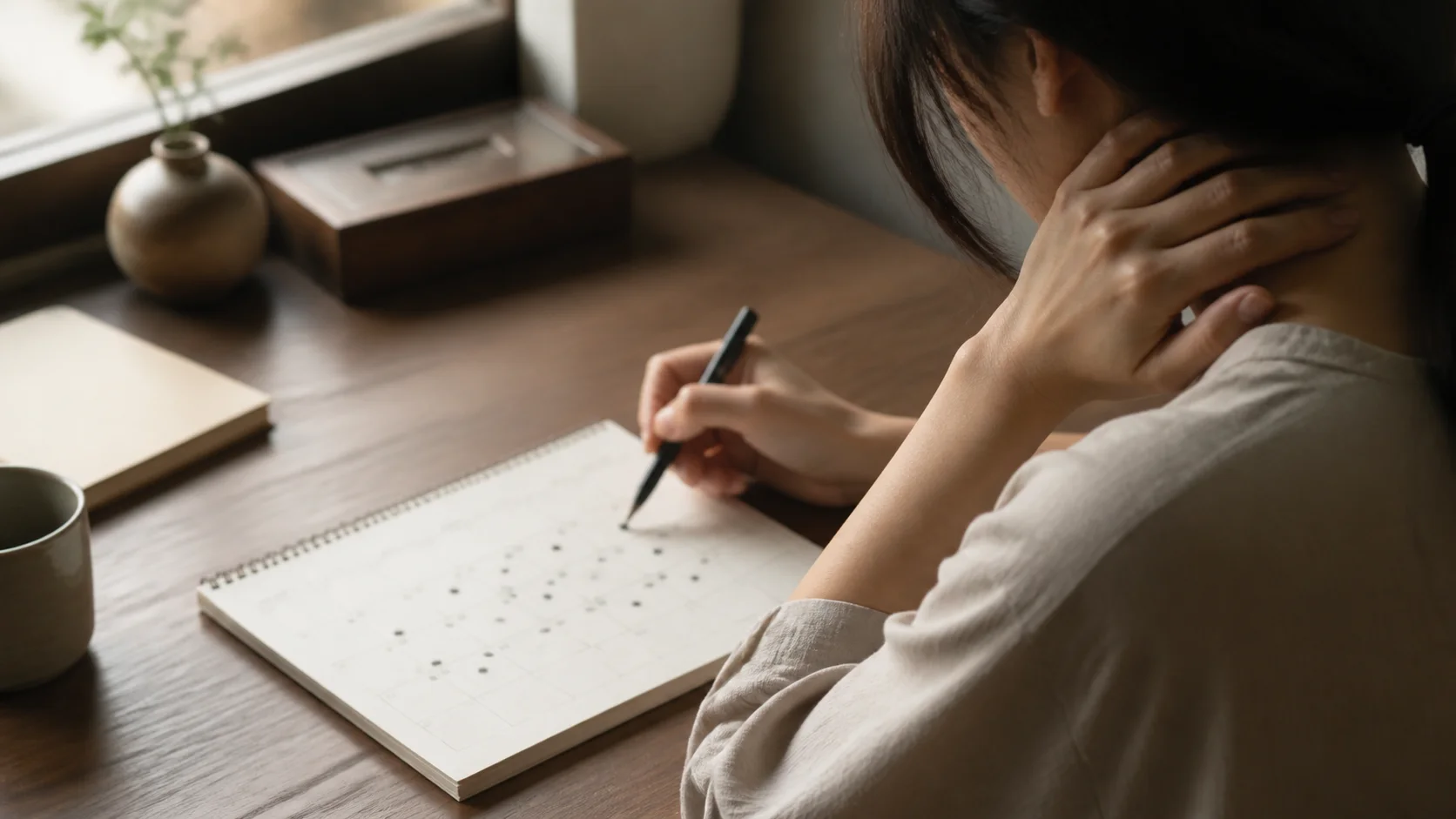 달력과 업무 노트 옆에서 반복되는 두통 때문에 잠시 일을 멈춘 성인의 손과 상반신