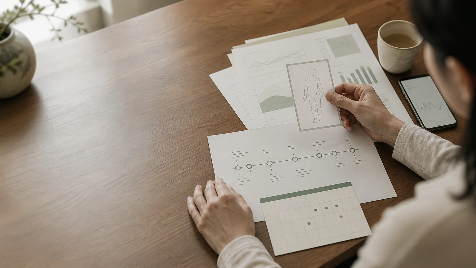 검사 결과지와 달력, 몸의 위치 카드와 증상 시간표를 책상 위에서 날짜순으로 정리하는 사람의 손